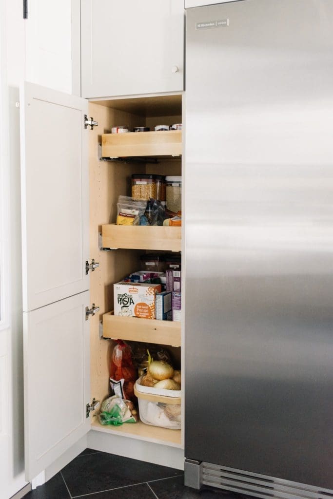 Pull out drawers are a functional storage option in a small space