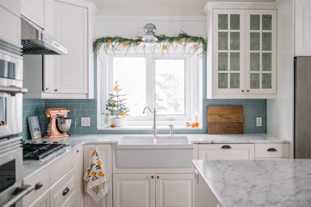 Dried orange garland in farmhouse kitchen