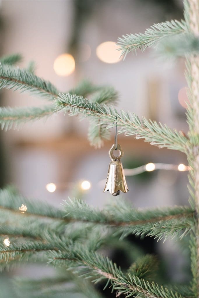 close up of a vintage brass bell ornament