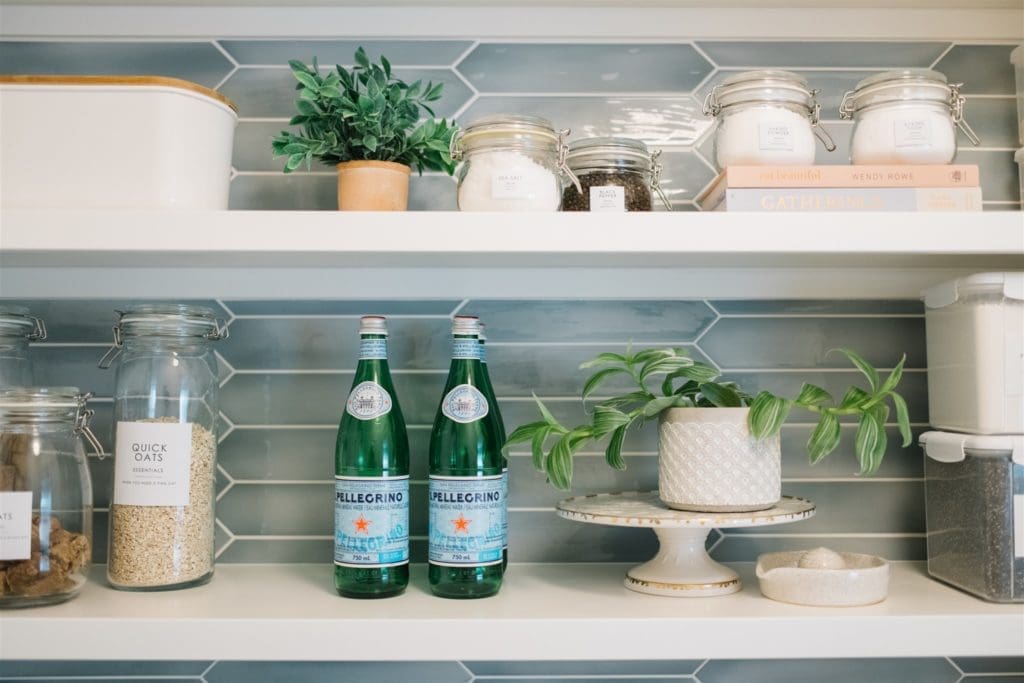 pantry items on open shelves