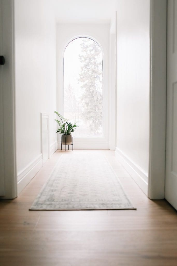 A hallway with a large window and a potted plant