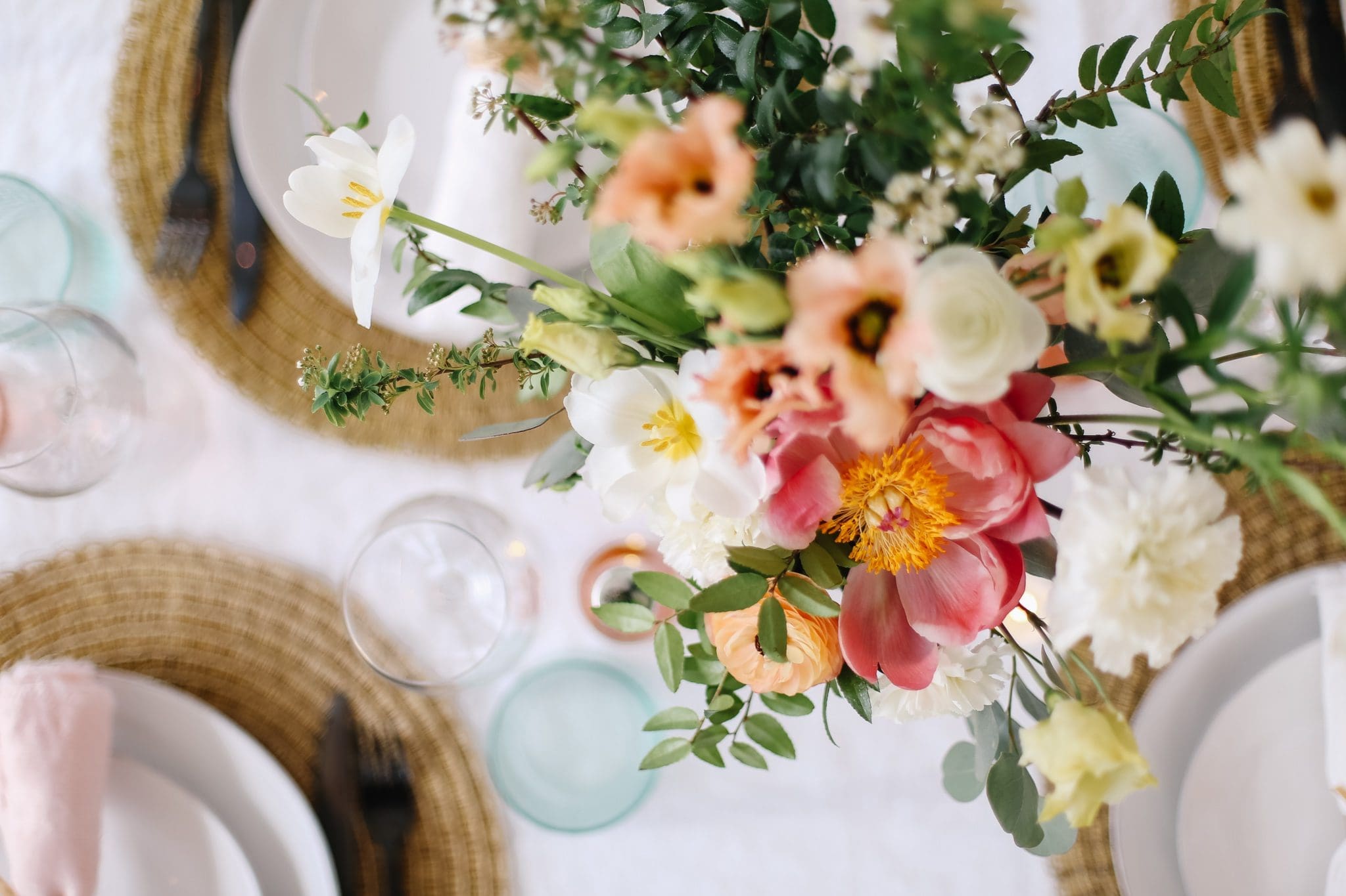 A close up of a flower arrangement from above