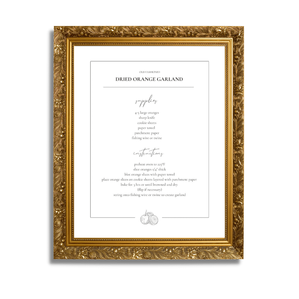 Orange Garland recipe print in a gold frame. Enter your email below to have a free printable file sent to you!